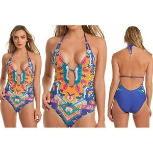Trina Turk NWT tapestry blue plunge one piece swim bathing suit vacation beach